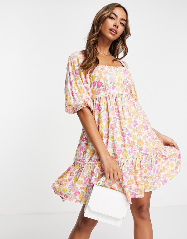 Miss Selfridge Tiered Mini Smock Dress In Pink Ditsy Floral-multi