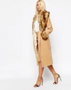 Missguided Coat With Faux Fur Collar And Cuffs - Camel