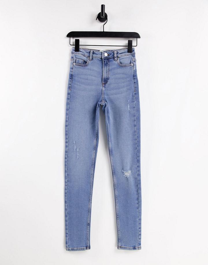Miss Selfridge Tall Lizzie High Waist Authentic Ripped Skinny Jean In Mid Wash Blue-blues