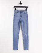 Miss Selfridge Tall Lizzie High Waist Authentic Ripped Skinny Jean In Mid Wash Blue-blues