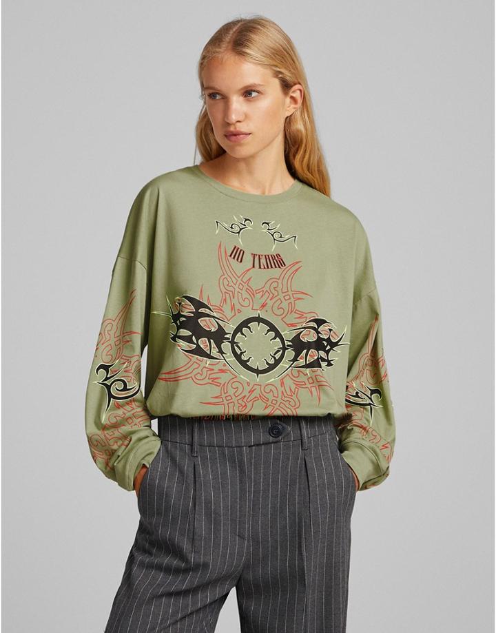 Bershka Graphic Printed Long Sleeve T-shirt In Khaki-green