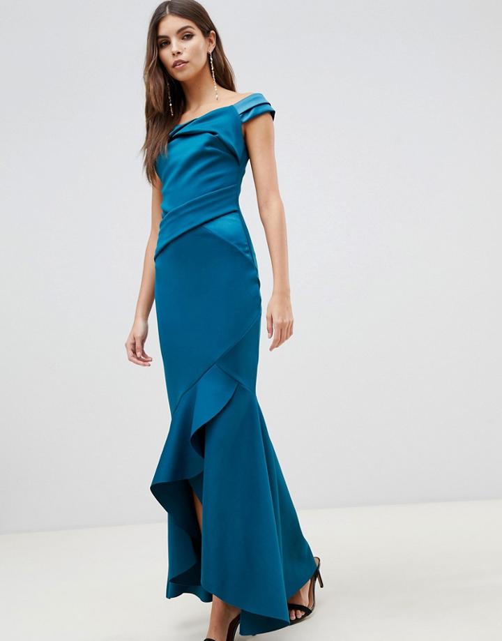 Lipsy Bardot Satin Maxi Dress With Asymmetric Hem In Teal - Green