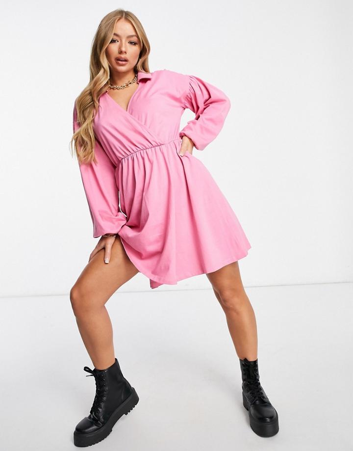 Asos Design Mini Wrap Shirt Dress In Bubblegum Pink