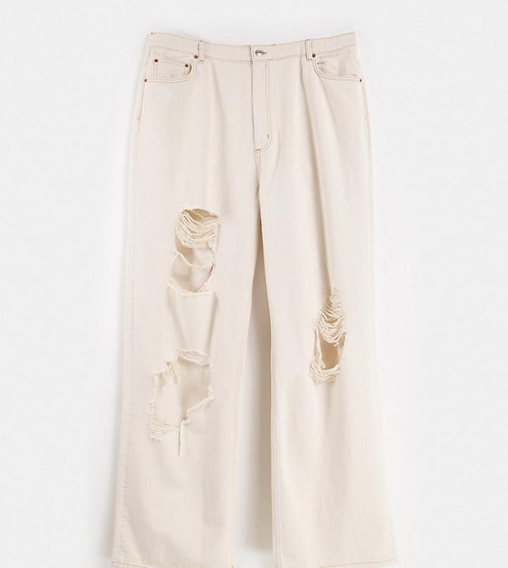 Asos Design Tall High Rise 'relaxed' Dad Jeans In Ecru With Extreme Rips-white