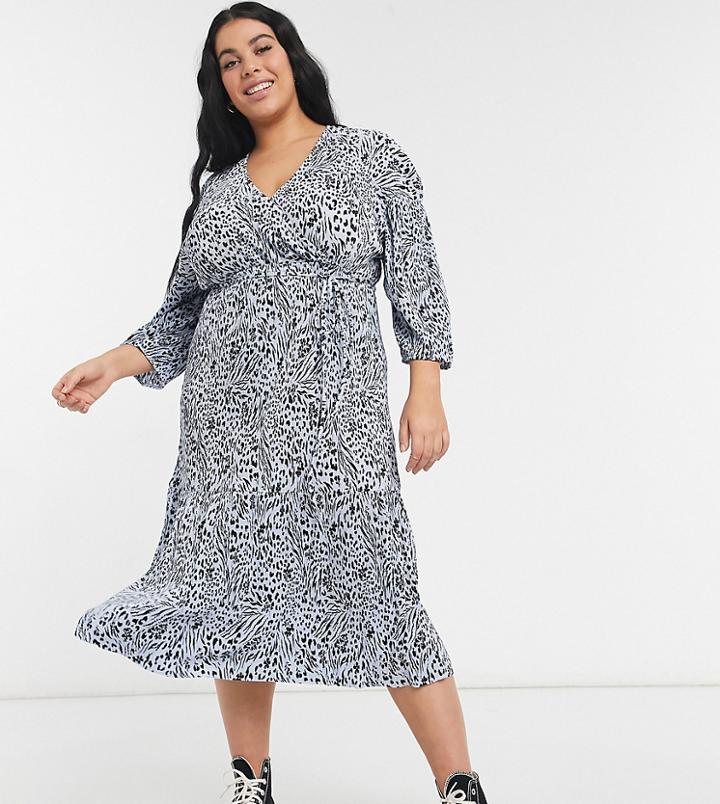 Asos Design Curve Midi Plisse Wrap Long Sleeve Belted Dress In Blue Animal Print-blues
