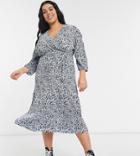 Asos Design Curve Midi Plisse Wrap Long Sleeve Belted Dress In Blue Animal Print-blues