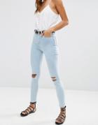 Asos Ridley High Waist Skinny Jeans In Petra Blue With Ripped Knees - Tribeca