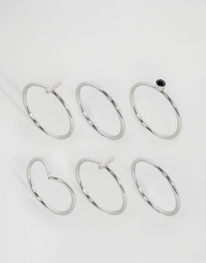 Asos Pack Of 6 Minimal Sleek Rings - Silver