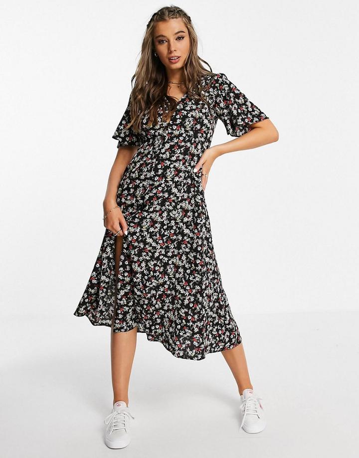 Asos Design Button Up Tie Back Midi Tea Dress With Angel Sleeve In Black Floral Print-multi