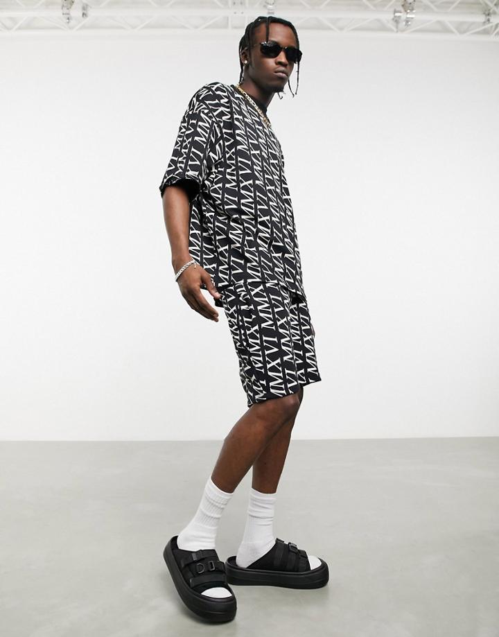Asos Design Skinny Jersey Shorts In Black With All Over Roman Numerals Print - Part Of A Set