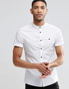 Asos Skinny Shirt In White With Grandad Collar And Contrast Buttons With Logo - White