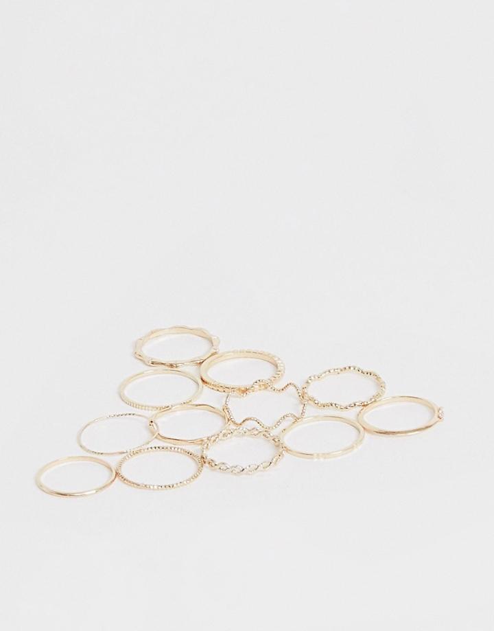 Asos Design Pack Of 12 Rings With Twist Details And Engraved Designs In Gold Tone - Gold