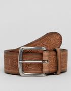 Asos Wide Leather Belt With Floral Emboss & Burnished Edges - Brown