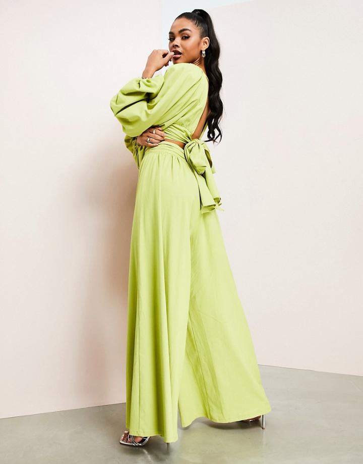 Asos Design Linen Look Wide Leg Pant In Lime-green