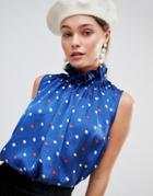 Traffic People Polka Print High Neck Top - Navy