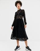 Na-kd Long Sleeve Midi Dress With Lace Detail In Black - Black