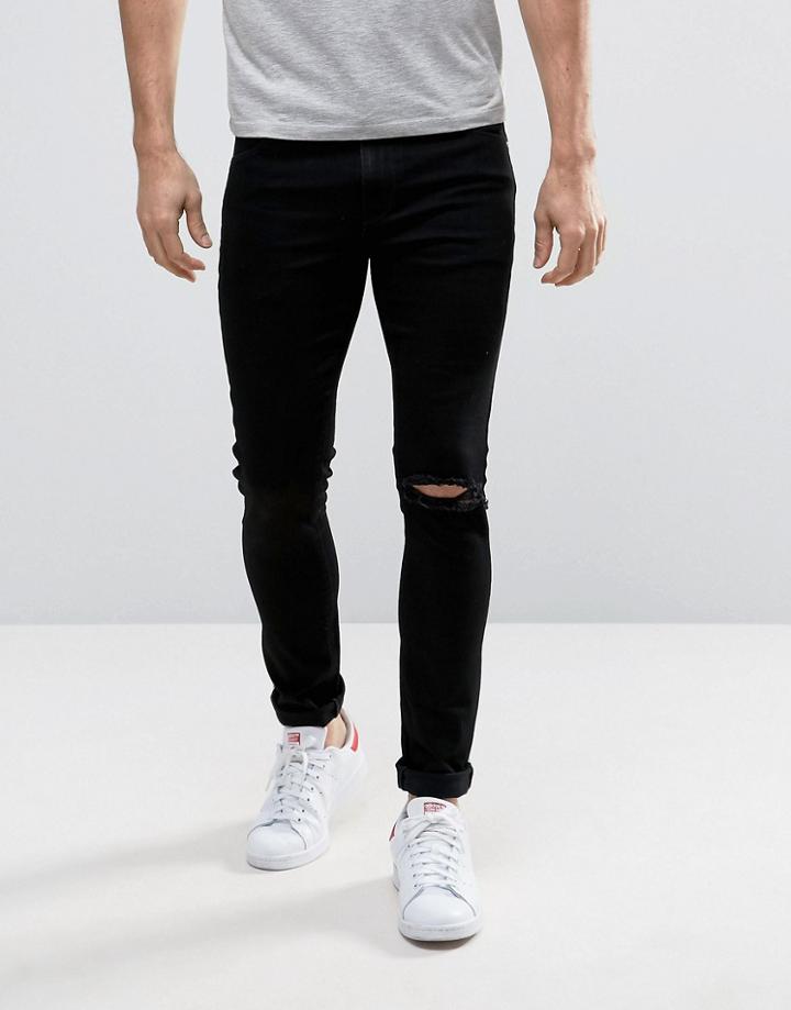 Asos Super Skinny Jeans With Single Busted Knee Rip In Black - Black