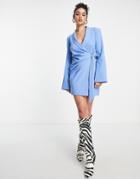 Asos Design Wrap Front Mini Tux Dress In Blue