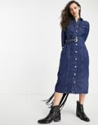 Only Denim Midi Shirt Dress In Indigo Wash-blues