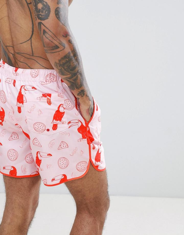Asos Design Runner Swim Short With Toucan & Melon Print With Red Binding - Pink