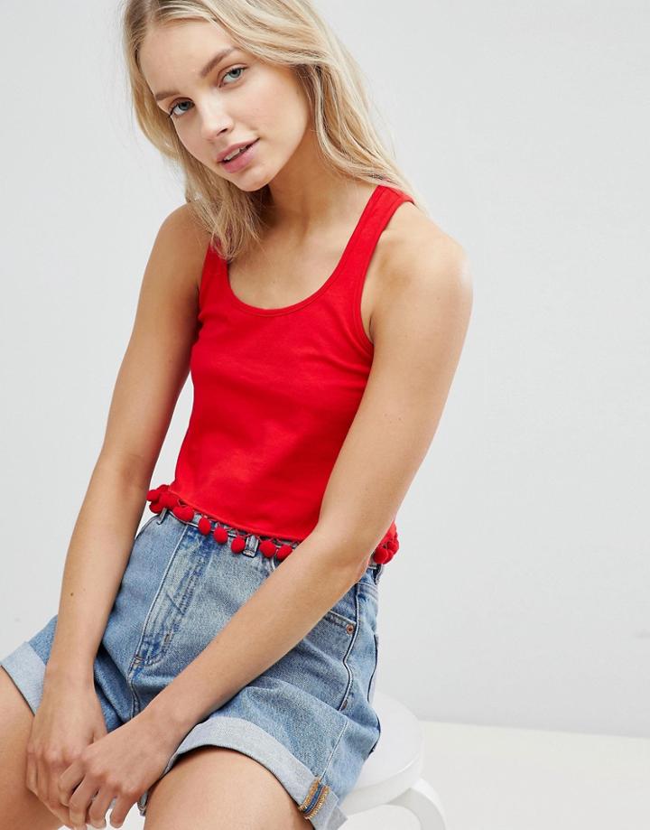 Asos Design Crop Tank With Pom Pom Trim - Red