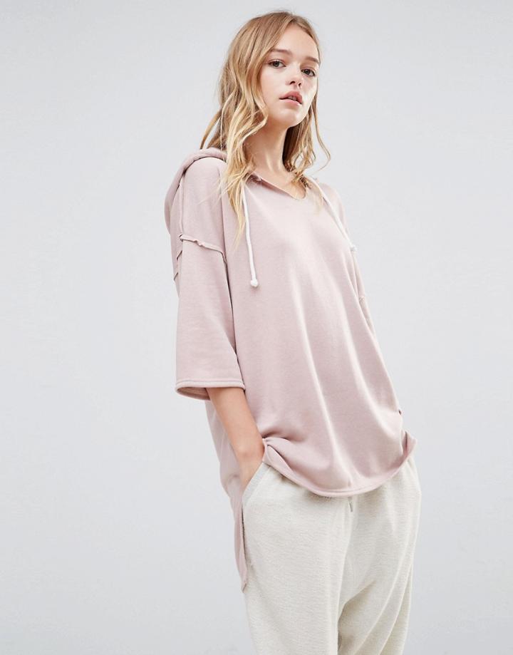 Daisy Street Oversized Short Sleeved Hoodie With Step Hem - Pink
