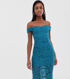 Missguided Tall Lace Midi Bardot Dress With In Teal - Blue