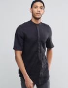 Asos Longline Black Shirt With Grandad Collar And Half Sleeves In Regular Fit - Black