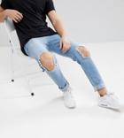 Brooklyn Supply Co Light Wash Skinny Jeans With Hem Detail And Knee Rip - Blue