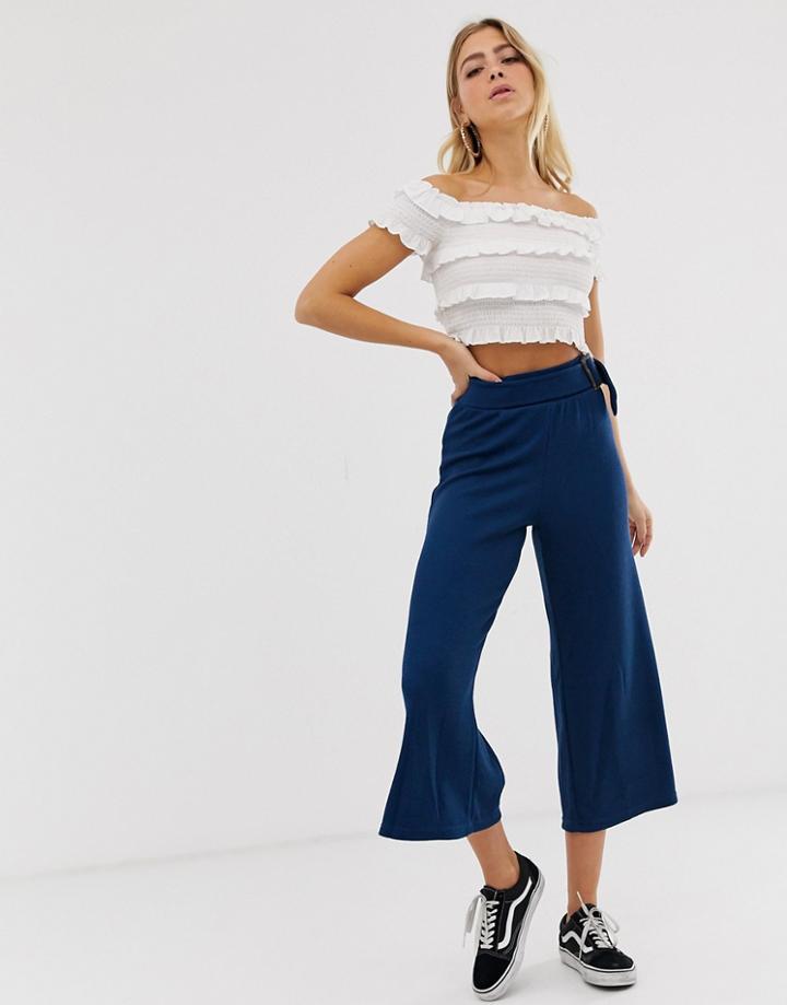 Asos Design Wide Leg Culotte In Textured Rib With Tortoiseshell Buckle-navy