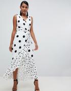 Flounce London Wrap Front Midi Dress In White Based Polkadot - Multi