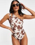 Asos Design Recycled One Shoulder Low Back Swimsuit In Cow Print-multi
