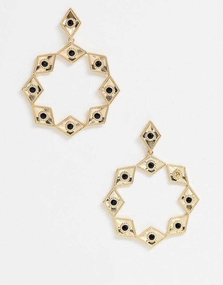 Asos Design Earrings With Black Jewel Studded Diamond Shapes In Gold Tone