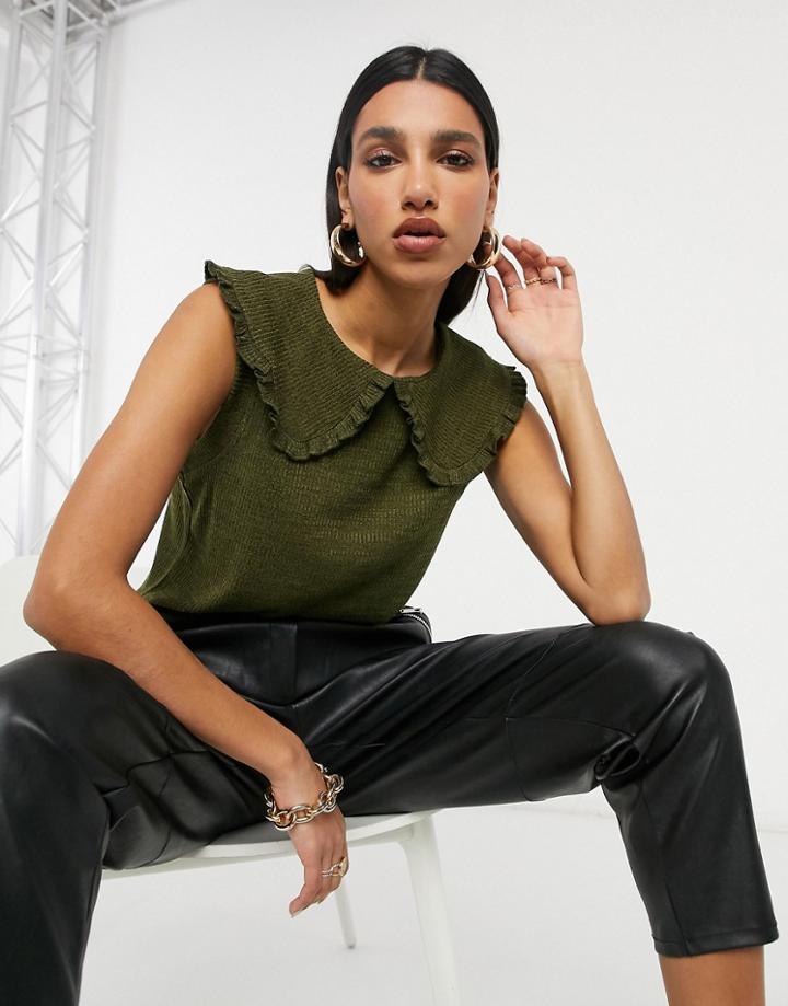 Vila Knitted Tank With Oversized Collar Detail In Khaki-black