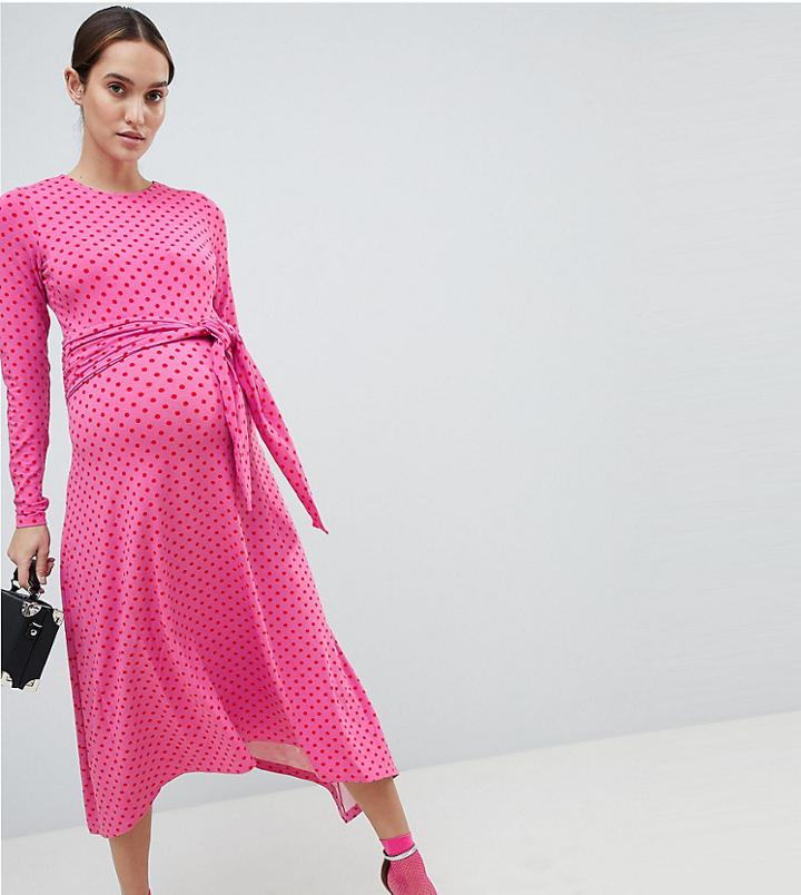 Asos Design Maternity Tie Front Midi Dress In Polka Dot - Multi