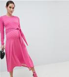 Asos Design Maternity Tie Front Midi Dress In Polka Dot - Multi