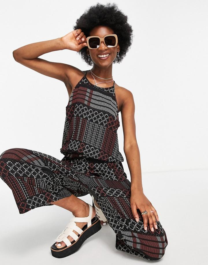 Jdy Racer Neck Culotte Jumpsuit In Black Abstract-multi