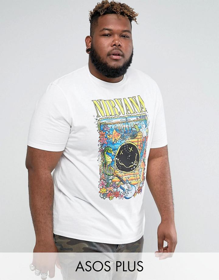 Asos Plus Longline Nirvana Relaxed Band T-shirt With Floral Text Print - White