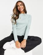 Monki Molly Cotton Ribbed Long Sleeve Top In Turquoise - Turquoise-blue