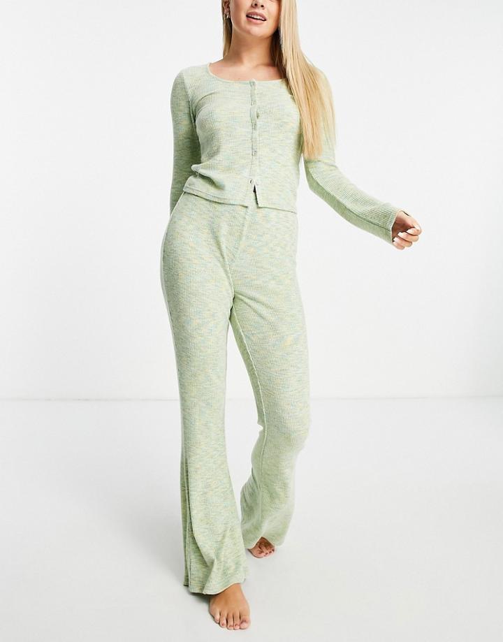 Asos Design Lounge Space Dye Rib Long Sleeve Button Up Top & Bottom Set In Green