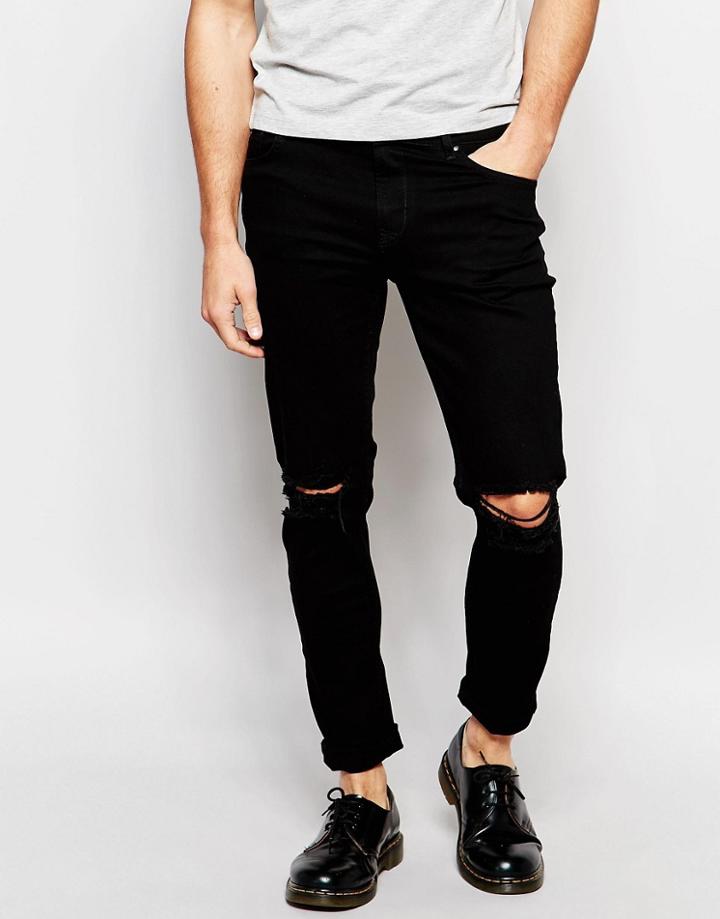 Hoxton Denim Black Skinny Knee Slit Jean - Black