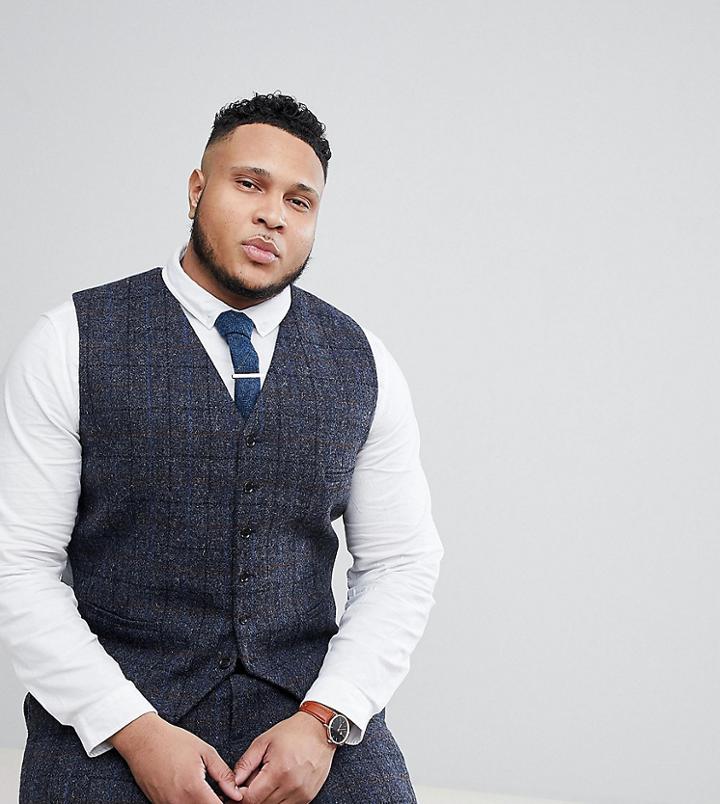 Heart & Dagger Plus Slim Vest In Harris Tweed In Check - Navy