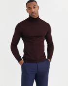 Moss London Merino Roll Neck Sweater In Burgundy