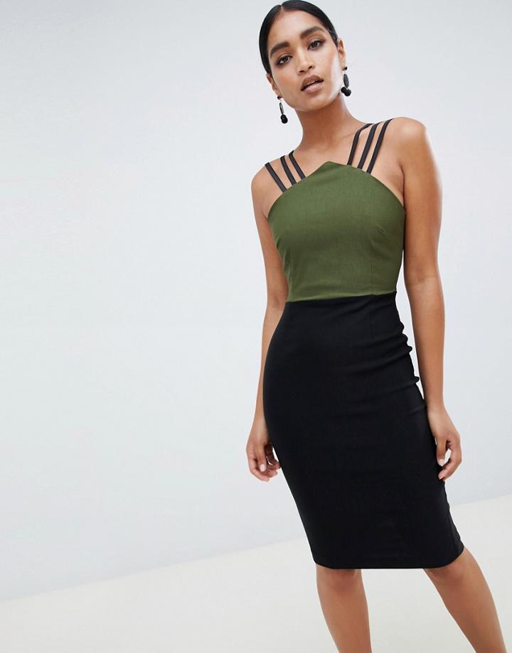 Vesper Color Block Pencil Dress With Strappy Detail - Green