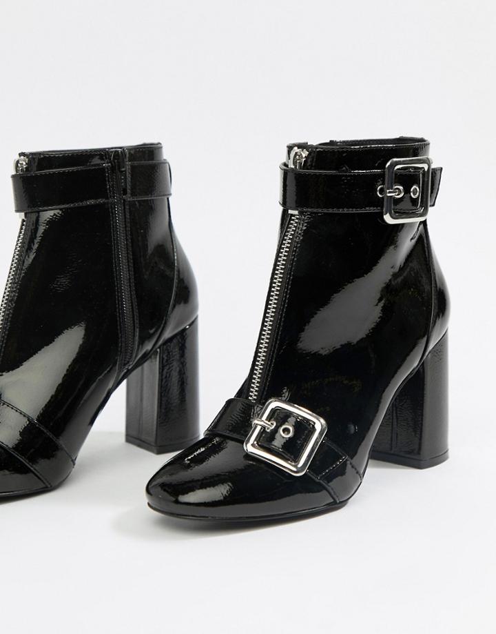 Miss Selfridge Patent Heeled Boots With Buckle Detail In Black - Black