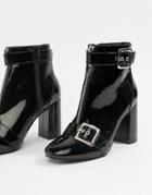 Miss Selfridge Patent Heeled Boots With Buckle Detail In Black - Black