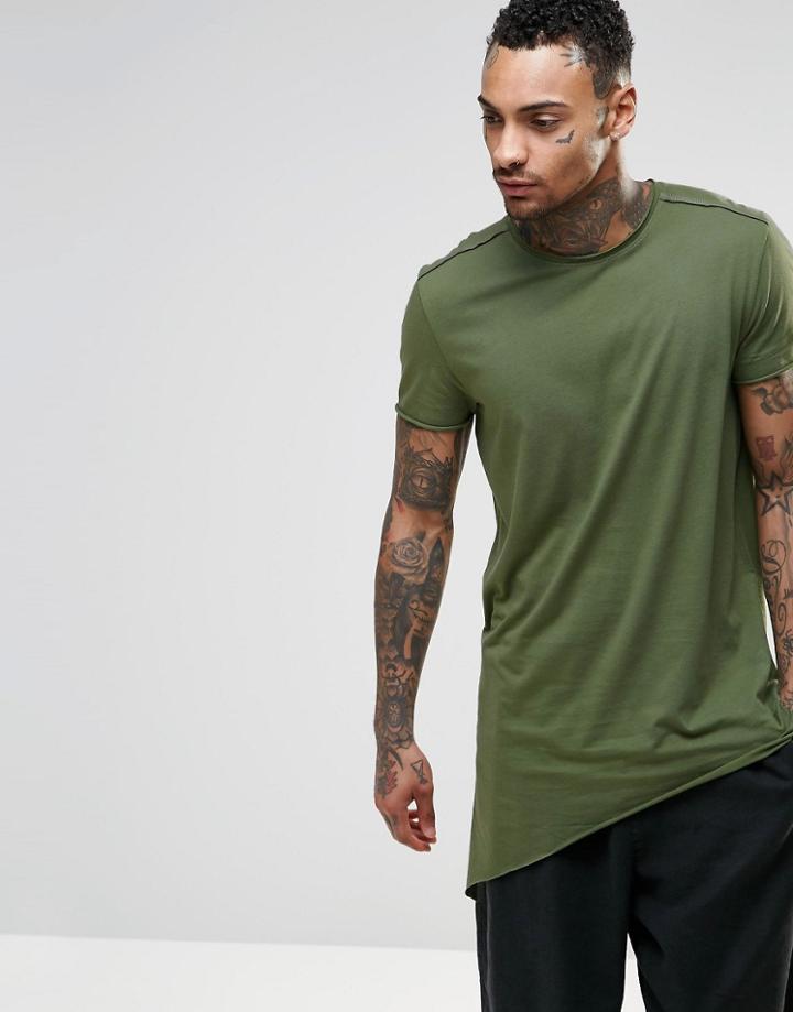 Asos Super Longline T-shirt With Hanky Side Hem In Khaki - Khaki