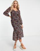 The Frolic Square Neck Midi Tea Dress With Mesh Sleeves In Micro Floral-multi
