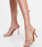 Asos Design Wide Fit Hailey Strappy Tie Leg Mid Heeled Sandals In Gold