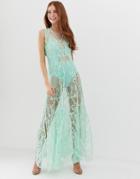 Glamorous Maxi Dress With Sheer Overlay And Floral Embroidery-blue